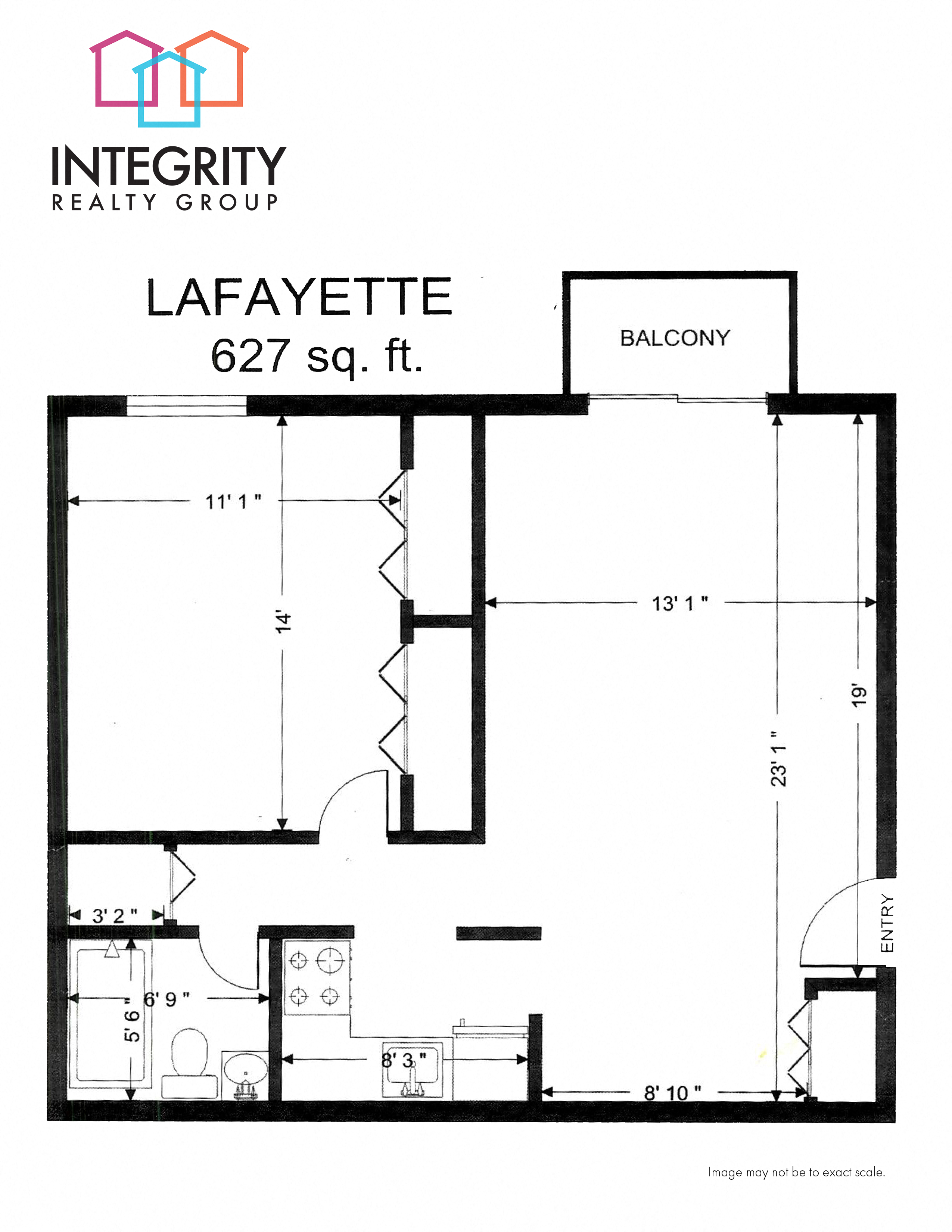 Floor plan for 1 bed, 1 bath, 627 sqft